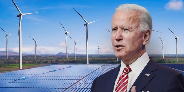 Solar energy panel photovoltaic cell and wind turbine farm power generator in nature landscape for production of renewable green energy is friendly industry. Photo: istock. Biden Photo credit:  Getty Images