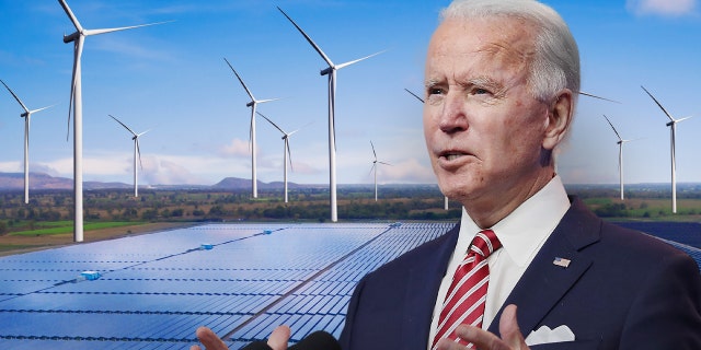 Solar energy panel photovoltaic cell and wind turbine farm power generator in nature landscape for production of renewable green energy is friendly industry. Photo: istock. Biden Photo credit:  Getty Images