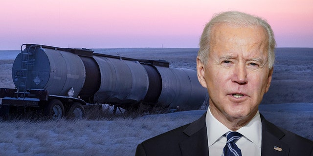 A tanker truck trailer in a field along the Keystone XL pipeline route near Oyen, Alberta, Canada, on Wednesday, Jan. 27, 2021. President Joe Biden revoked the permit for TC Energy Corp.'s Keystone XL energy pipeline via executive order hours after his inauguration. (Jason Franson/Bloomberg via Getty Images Biden Courtesy: Getty Images)