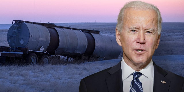 A tanker truck trailer in a field along the Keystone XL pipeline route near Oyen, Alberta, Canada, on Wednesday, Jan. 27, 2021. President Joe Biden revoked the permit for TC Energy Corp.'s Keystone XL energy pipeline via executive order hours after his inauguration. (Jason Franson/Bloomberg via Getty Images Biden Courtesy: Getty Images)