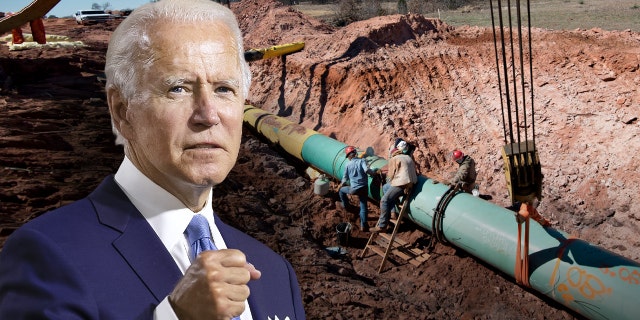 Welders work on a joint between two sections of pipe during construction of the Gulf Coast Project pipeline in Prague, Okla., on March 11, 2013. Inset: President Biden.