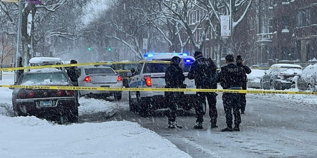 Officers investigate a shooting in Chicago last month despite heavy snowfall impacting the city.