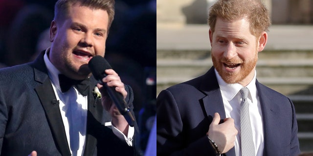 James Corden, left, scored an interview with Prince Harry that aired early Friday on "The Late Late Show."