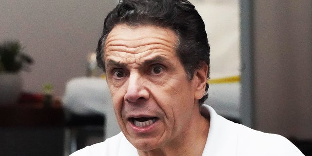 New York Gov. Andrew Cuomo speaks to the press at the Jacob K. Javits Convention Center in New York, on March 27, 2020. Cuomo is under fire for allegedly covering up nursing home deaths that allegedly resulted from the state's policies early in the pandemic. (BRYAN R. SMITH/AFP via Getty Images)