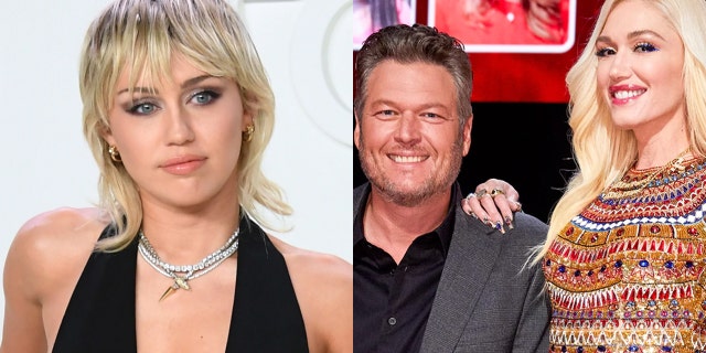 Miley Cyrus, left, offered to play wedding singer at Blake Shelton and Gwen Stefani's upcoming nuptials.