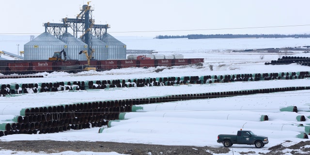 A depot used to store pipes for Transcanada Corp's planned Keystone XL oil pipeline is seen in Gascoyne, North Dakota, Jan. 25, 2017. Republican attorneys general sued President Biden over his decision to revoke the permit for the Keystone XL Pipeline.