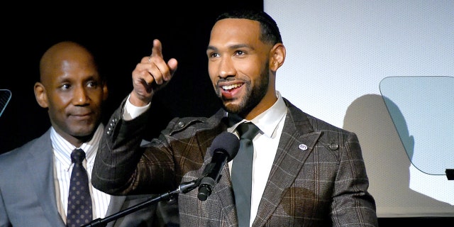 Craig Steven Wilder and Dyjuan Tatro speak on stage at the special screening of "College Behind Bars" at The Apollo Theater on Nov. 12, 2019, in New York City. (Ben Gabbe/Getty Images for Skiff Mountain Films)