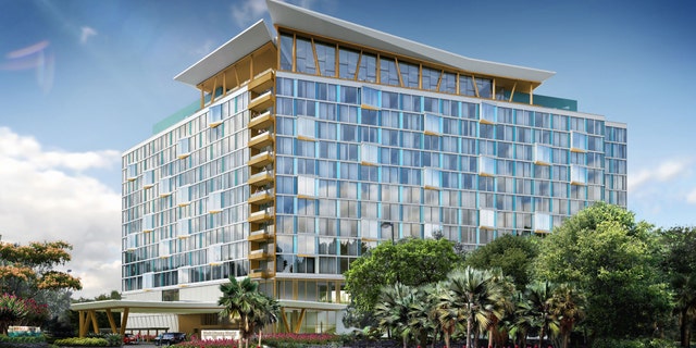 The new building is currently under construction, and is currently slated to open in July. An illustrated rendering of the hotel's exterior.