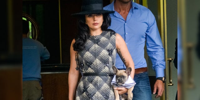 Lady Gaga is seen leaving her NYC apartment with her dog Koji in 2015. 