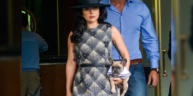 Lady Gaga vista saliendo de su apartamento con su perro Koji el 12 de mayo de 2015 en la ciudad de Nueva York.