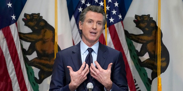 FILE: California Gov. Gavin Newsom outlines his 2021-2022 state budget proposal during a news conference in Sacramento, Calif.