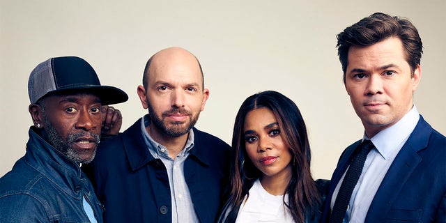 (L-R) Don Cheadle, Paul Scheer, Regina Hall, and Andrew Rannells of Showtime's 'Black Monday' pose for a portrait during the 2019 Winter TCA at The Langham Huntington, Pasadena on January 31, 2019, in Pasadena, California.