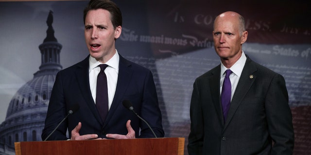 WASHINGTON, DC - APRIL 02: U.S. Sen. Josh Hawley (R-MO) (L) speaks as Sen. Rick Scott (R-FL) (R) listens during a news conference at the U.S. Capitol April 2, 2019 in Washington, DC. Scott and Hawley in conversations with Fox News on Friday both panned the idea of a GOP civil war. (Photo by Alex Wong/Getty Images)