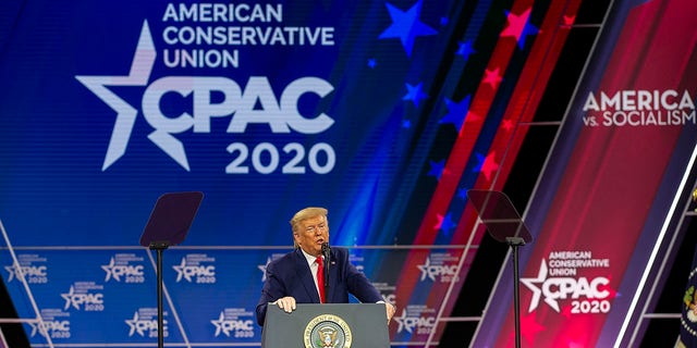 FILE - President Donald Trump speaks during the annual Conservative Political Action Conference (CPAC) at Gaylord National Resort &amp; Convention Center February 29, 2020 in National Harbor, Maryland. (Photo by Tasos Katopodis/Getty Images)