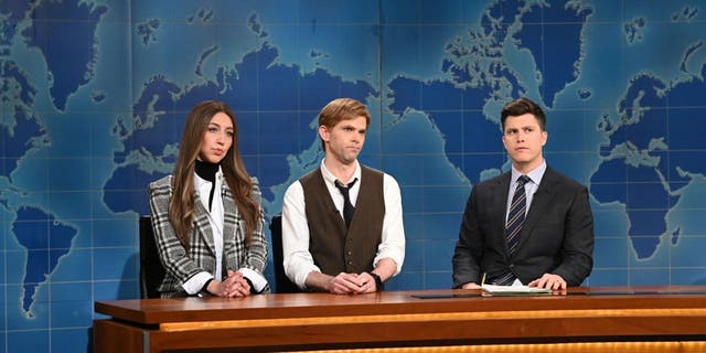 Pictured Heidi Gardner as Janet Noonan and Mikey Day as Lowell Fitzroy with anchor Colin Jost during "Saturday night live" Weekend Update February 6 (Will Heath / NBC / NBCU Photo Bank via Getty Images /)