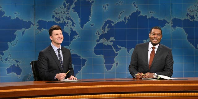 "Saturday night live" Weekend Update co-host Colin Jost poked fun at Joe Biden and Donald Trump during the show's skit on February 6.  (Will Heath / NBC / NBCU Photo Bank via Getty Images)