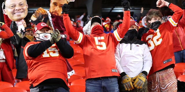 Kansas City Chiefs fans celebrate in the fourth quarter during the AFC Championship game between the Buffalo Bills and the Kansas City Chiefs at Arrowhead Stadium on January 24, 2021, in Kansas City, Missouri. (Photo by Jamie Squire/Getty Images)
