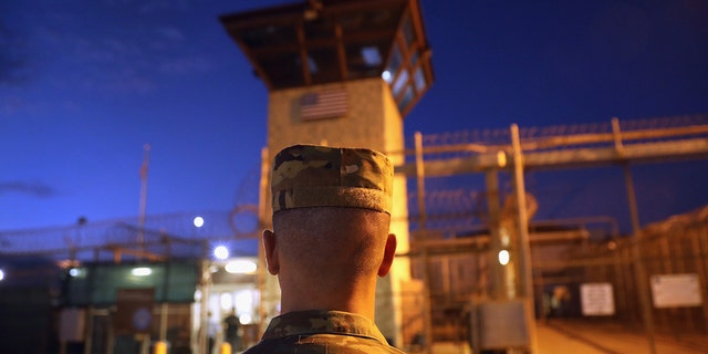 A U.S. Army soldier stands outside the entrance of the "Gitmo" detention center on Oct. 22, 2016, at the U.S. Naval Station at Guantanamo Bay, Cuba. (Getty Images)