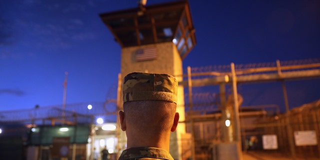 A U.S. Army soldier stands outside the entrance of the "Gitmo" detention center on Oct. 22, 2016, at the U.S. Naval Station at Guantanamo Bay, Cuba. (Getty Images)