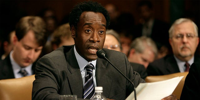 Don Cheadle testifies before the US Senate Judiciary Committee's Human Rights and the Law Subcommittee on February 5, 2007, in Washington, DC. The subcommittee's inaugural hearing was titled 'Genocide and the Rule of Law.'