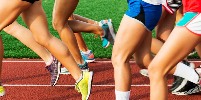 Tim lintas negara putri berlari di jalur merah pada awal latihan pada malam awal musim panas.