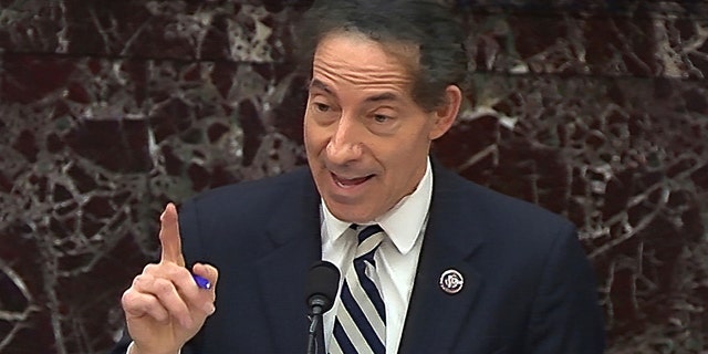 In this image from video, House impeachment manager Rep. Jamie Raskin, D-Md., speaks during the second impeachment trial of former President Donald Trump in the Senate at the U.S. Capitol in Washington, Thursday, Feb. 11, 2021. (Senate Television via AP)