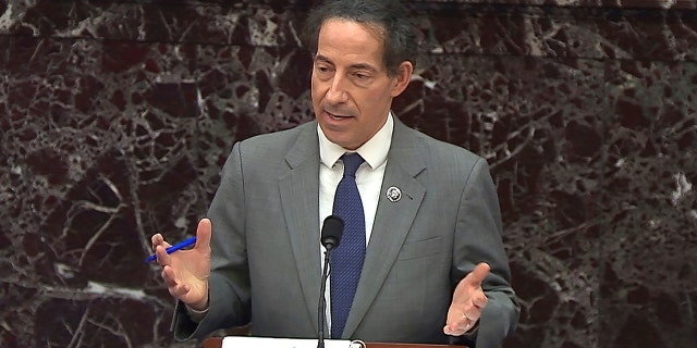 In this image from video, House impeachment manager Rep. Jamie Raskin, D-Md., speaks during the second impeachment trial of former President Donald Trump in the Senate at the U.S. Capitol in Washington, Wednesday, Feb. 10, 2021. (Senate Television via AP)