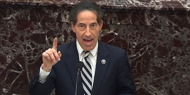 In this image from video, House impeachment manager Rep. Jamie Raskin, D-Md., speaks during the second impeachment trial of former President Donald Trump in the Senate at the U.S. Capitol in Washington, Thursday, Feb. 11, 2021. (Senate Television via AP)