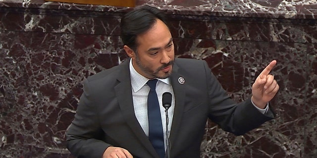 In this image from the video, the representative of the House impeachment official, Joaquin Castro, D-Texas, speaks during the second impeachment trial of former President Donald Trump in the Senate at the United States Capitol in Washington, DC, Wednesday, February 10, 2021. Senate TV via AP)