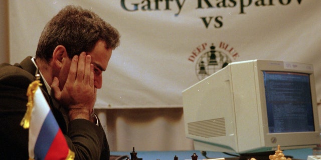 Garry Kasparov ponders his chess moves vs. IBM's Deep Blue on Feb.13, 1996 in Philadelphia, Pennsylvania (AP Photo/George Widman)