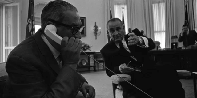 Thurgood Marshall with President Lyndon B. Johnson in the Oval Office