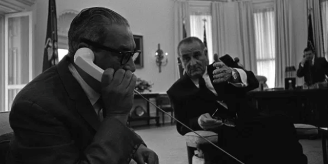 Thurgood Marshall with President Lyndon B. Johnson in the Oval Office