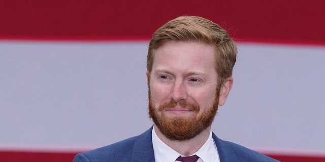 In this Oct. 14, 2020, file photo, then-Michigan's 3rd District Congressional Republican candidate Peter Meijer speaks at a campaign rally in Grand Rapids, Mich. (AP Photo/Carlos Osorio, file)