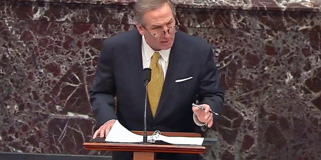 Lawyer Michael T. Van Der Veen speaks during Trump impeachment trial on Friday, Feb. 12.