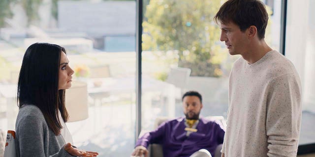 Mila Kunis (left), Shaggy (center, back) and Ashton Kutcher (right) in the Cheetos 2021 Super Bowl NFL football spot. (Frito-Lay via AP)