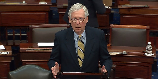 In this image from video, Senate Minority Leader Mitch McConnell of Ky., speaks after the Senate acquitted former President Donald Trump in his second impeachment trial in the Senate at the U.S. Capitol in Washington, Saturday, Feb. 13, 2021. (Senate Television via AP)