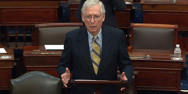 In this image from video, Senate Minority Leader Mitch McConnell of Ky., speaks after the Senate acquitted former President Donald Trump in his second impeachment trial in the Senate at the U.S. Capitol in Washington, Saturday, Feb. 13, 2021. (Senate Television via AP)