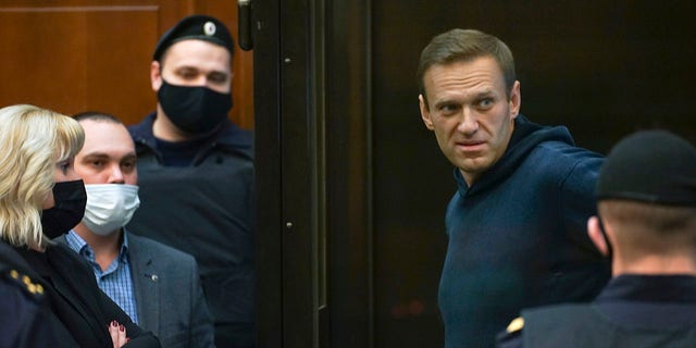 Russian opposition leader Alexei Navalny talks to his lawyers standing in the cage during a hearing. (Moscow City Court via AP)
