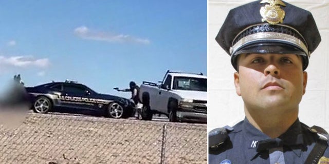 Bystander video shows the police shootout, left, after the pursuit and <a href="https://www.foxnews.com/us/new-mexico-police-officer-fatally-shot-in-the-head-during-routine-stop-in-february-video-shows" target="_blank">State Police Trooper Darian Jarrott</a>, right, who was allegeldy killed by Omar Felix Cueva.