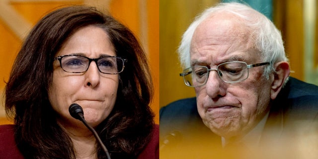 A shared image of Neera Tanden, President Joe Biden's nominee for Director of the Office of Management and Budget, and Senator Bernie Sanders, I-Vt., Chairman of the Senate Budget Committee, at a hearing on Capitol Hill Wednesday, February 10, 2021. (AP Photo / Andrew Harnik, Pool)