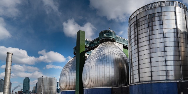 Department of Environmental Protection digester eggs stand at the Newtown Creek Wastewater Resource Recovery Facility Brooklyn.