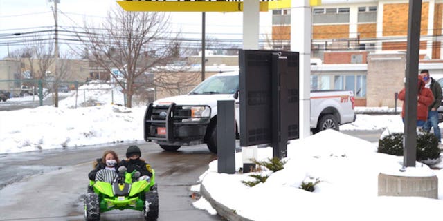 The children's vehicle, pictured, was actually a gift from an anonymous stranger.