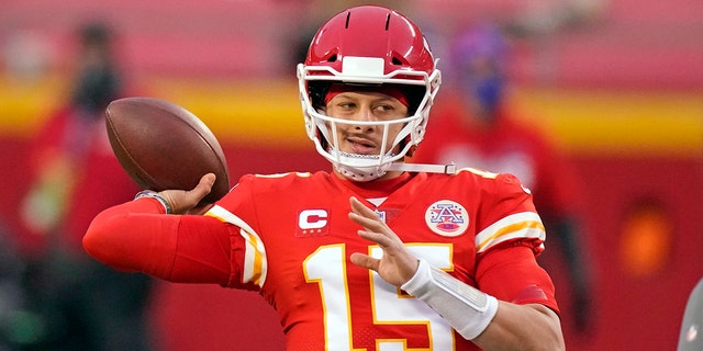 Kansas City Chiefs quarterback Patrick Mahomes warms up before the AFC championship NFL football game against the Buffalo Bills, Sunday, Jan. 24, 2021, in Kansas City, Mo. (Associated Press)