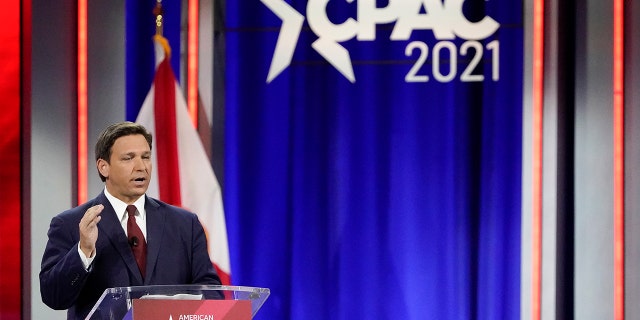 Florida Gov. Ron DeSantis speaks at the Conservative Political Action Conference (CPAC) Friday, Feb. 26, 2021, in Orlando, Fla. (AP Photo/John Raoux)