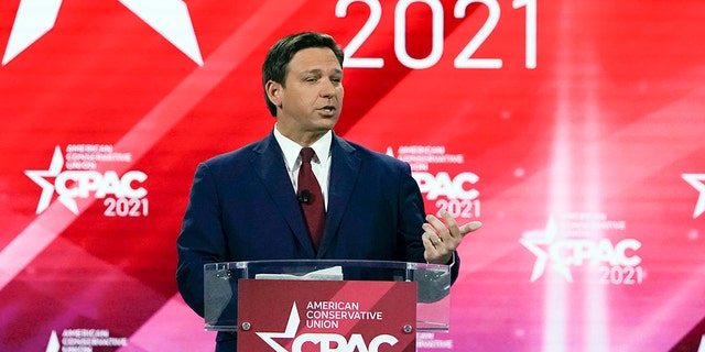 Florida Gov. Ron DeSantis speaks at the Conservative Political Action Conference (CPAC) Friday, Feb. 26, 2021, in Orlando, Fla. (AP Photo/John Raoux)