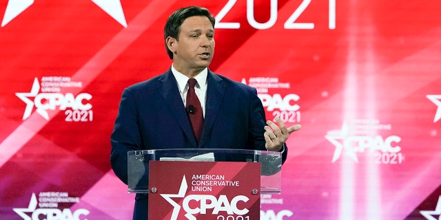 Florida Gov. Ron DeSantis speaks at the Conservative Political Action Conference (CPAC) Friday, Feb. 26, 2021, in Orlando, Fla. (AP Photo/John Raoux)