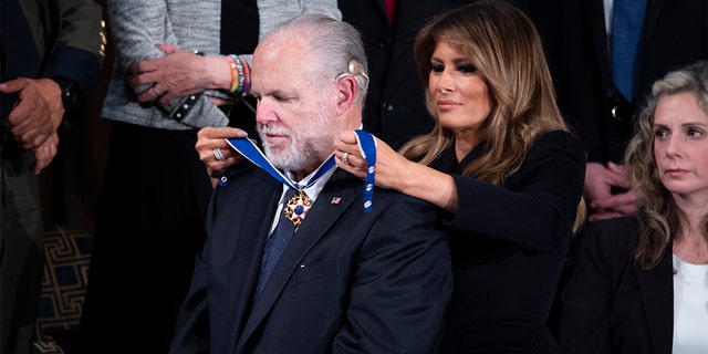 First lady Melania Trump awarding Rush Limbaugh the Presidential Medal of Freedom during President Trump's State of the Union address in February 2020.