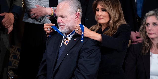 First lady Melania Trump awarding Rush Limbaugh the Presidential Medal of Freedom during President Trump's State of the Union address in February 2020.