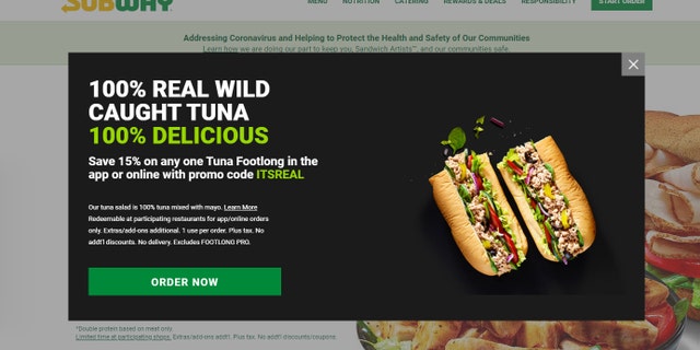 As of Tuesday, the landing page of Subway's website automatically loads a message touting the company's tuna as "100% real" and "100% delicious."