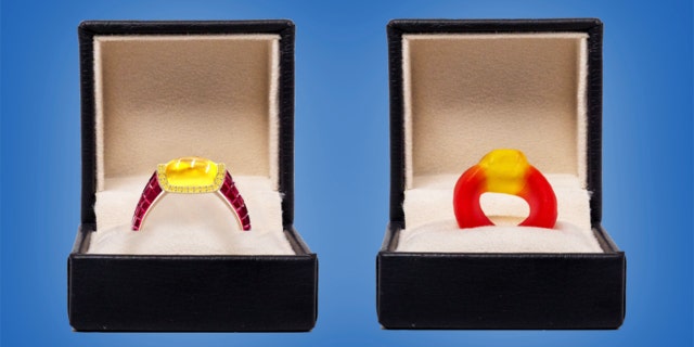 The candy-inspired ring (left) from London-based jeweler Taylor & Hart costs $34,300.